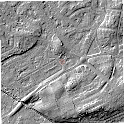Shaded relief map of the ground around LA45TS, computed from Environment Agency LiDAR. The ground here sits at about 5 m above sea level and falls 8 m across the surrounding 800 m. Surface water reaching this point runs off ground lying to the south-east, 7.2 m higher.