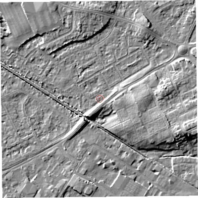 Shaded relief map of the ground around LA45TT, computed from Environment Agency LiDAR. The ground here sits at about 5 m above sea level and falls 8 m across the surrounding 800 m. Surface water reaching this point runs off ground lying to the south-south-west, 4.9 m higher.