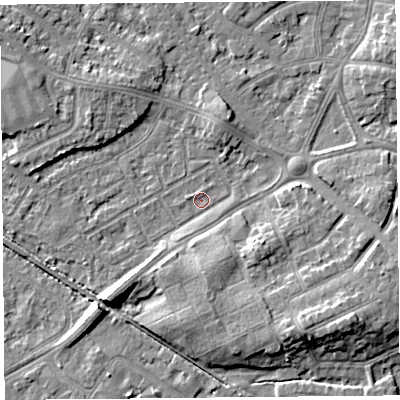 Shaded relief map of the ground around LA45TU, computed from Environment Agency LiDAR. The ground here sits at about 5 m above sea level and falls 8 m across the surrounding 800 m. Surface water reaching this point runs off ground lying to the south-east, 7.2 m higher.