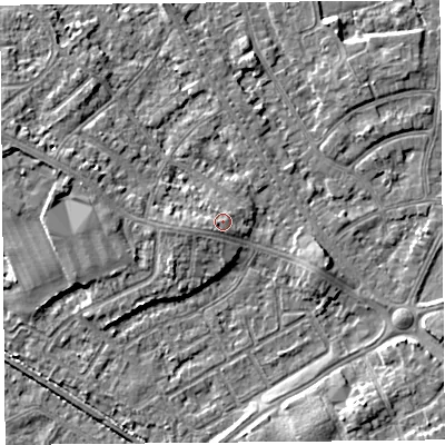 Shaded relief map of the ground around LA45TW, computed from Environment Agency LiDAR. The ground here sits at about 7 m above sea level and falls 5 m across the surrounding 800 m. Surface water reaching this point runs off ground lying to the west-south-west, 1.1 m higher.