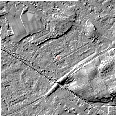 Shaded relief map of the ground around LA45TX, computed from Environment Agency LiDAR. The ground here sits at about 5 m above sea level and falls 8 m across the surrounding 800 m. Surface water reaching this point runs off ground lying to the south, 6.4 m higher.