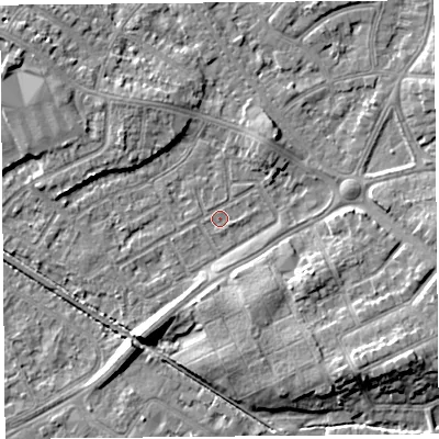 Shaded relief map of the ground around LA45TY, computed from Environment Agency LiDAR. The ground here sits at about 5 m above sea level and falls 8 m across the surrounding 800 m. Surface water reaching this point runs off ground lying to the south-east, 6.7 m higher.