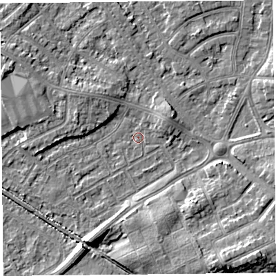 Shaded relief map of the ground around LA45TZ, computed from Environment Agency LiDAR. The ground here sits at about 5 m above sea level and falls 8 m across the surrounding 800 m. Surface water reaching this point runs off ground lying to the south-south-east, 0.6 m higher.
