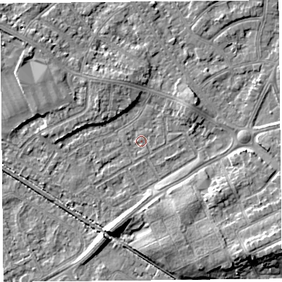 Shaded relief map of the ground around LA45UA, computed from Environment Agency LiDAR. The ground here sits at about 5 m above sea level and falls 8 m across the surrounding 800 m. Surface water reaching this point runs off ground lying to the north-north-west, 3.3 m higher.