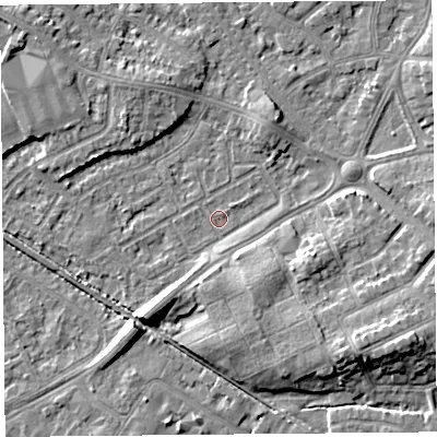 Shaded relief map of the ground around LA45UB, computed from Environment Agency LiDAR. The ground here sits at about 5 m above sea level and falls 8 m across the surrounding 800 m. Surface water reaching this point runs off ground lying to the south-east, 6.7 m higher.