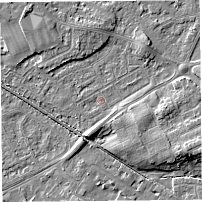 Shaded relief map of the ground around LA45UD, computed from Environment Agency LiDAR. The ground here sits at about 5 m above sea level and falls 8 m across the surrounding 800 m. Surface water reaching this point runs off ground lying to the south-south-west, 6.0 m higher.