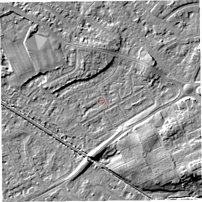Shaded relief map of the ground around LA45UE, computed from Environment Agency LiDAR. The ground here sits at about 5 m above sea level and falls 8 m across the surrounding 800 m. Surface water reaching this point runs off ground lying to the north-north-west, 3.3 m higher.