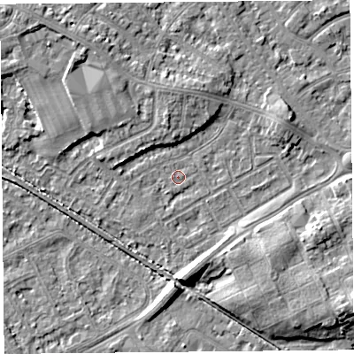 Shaded relief map of the ground around LA45UF, computed from Environment Agency LiDAR. The ground here sits at about 5 m above sea level and falls 8 m across the surrounding 800 m. Surface water reaching this point runs off ground lying to the north, 3.6 m higher.