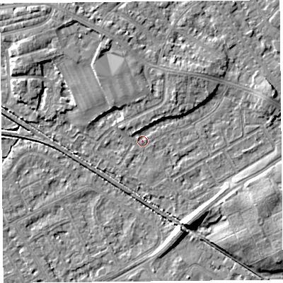 Shaded relief map of the ground around LA45UG, computed from Environment Agency LiDAR. The ground here sits at about 5 m above sea level and falls 7 m across the surrounding 800 m. Surface water reaching this point runs off ground lying to the south-south-east, 6.4 m higher.