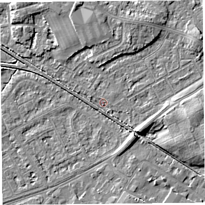 Shaded relief map of the ground around LA45UH, computed from Environment Agency LiDAR. The ground here sits at about 5 m above sea level and falls 7 m across the surrounding 800 m. Surface water reaching this point runs off ground lying to the south-east, 7.3 m higher.