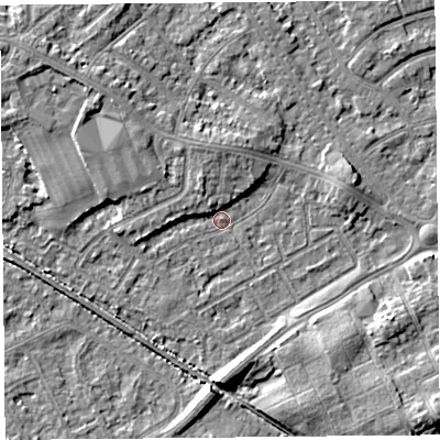 Shaded relief map of the ground around LA45UJ, computed from Environment Agency LiDAR. The ground here sits at about 5 m above sea level and falls 8 m across the surrounding 800 m. Surface water reaching this point runs off ground lying to the north-north-west, 3.5 m higher.