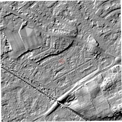 Shaded relief map of the ground around LA45UL, computed from Environment Agency LiDAR. The ground here sits at about 5 m above sea level and falls 8 m across the surrounding 800 m. Surface water reaching this point runs off ground lying to the north-north-west, 3.5 m higher.