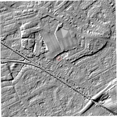 Shaded relief map of the ground around LA45UP, computed from Environment Agency LiDAR. The ground here sits at about 5 m above sea level and falls 7 m across the surrounding 800 m. Surface water reaching this point runs off ground lying to the north-north-east, 3.1 m higher.