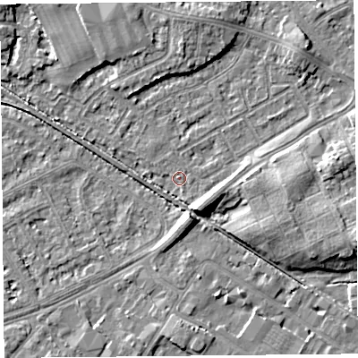 Shaded relief map of the ground around LA45UQ, computed from Environment Agency LiDAR. The ground here sits at about 5 m above sea level and falls 7 m across the surrounding 800 m. Surface water reaching this point runs off ground lying to the south-south-east, 7.2 m higher.