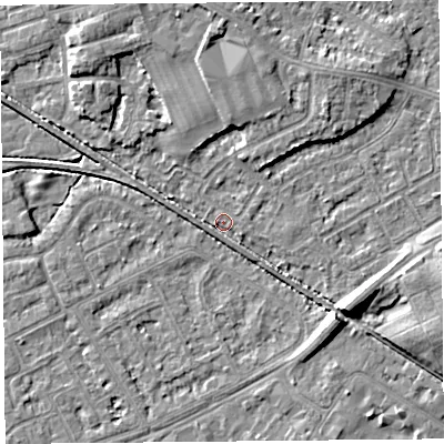 Shaded relief map of the ground around LA45UR, computed from Environment Agency LiDAR. The ground here sits at about 5 m above sea level and falls 7 m across the surrounding 800 m. Surface water reaching this point runs off ground lying to the south-east, 7.3 m higher.