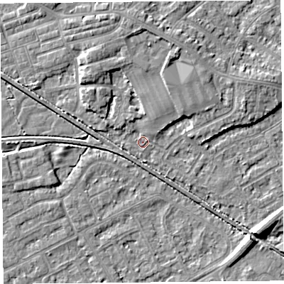 Shaded relief map of the ground around LA45UT, computed from Environment Agency LiDAR. The ground here sits at about 5 m above sea level and falls 7 m across the surrounding 800 m. Surface water reaching this point runs off ground lying to the north-east, 3.0 m higher.