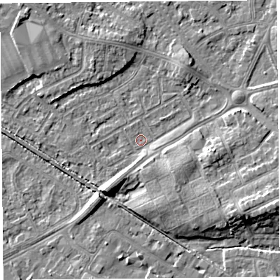 Shaded relief map of the ground around LA45UU, computed from Environment Agency LiDAR. The ground here sits at about 5 m above sea level and falls 8 m across the surrounding 800 m. The ground contributing surface water to this point lies to the north-north-west.