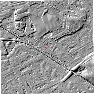 Shaded relief map of the ground around LA45UW, computed from Environment Agency LiDAR. The ground here sits at about 5 m above sea level and falls 7 m across the surrounding 800 m. Surface water reaching this point runs off ground lying to the south-east, 7.3 m higher.