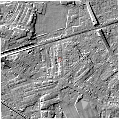 Shaded relief map of the ground around LA45XA, computed from Environment Agency LiDAR. The ground here sits at about 7 m above sea level and falls 8 m across the surrounding 800 m. Surface water reaching this point runs off ground lying to the south, 3.3 m higher.