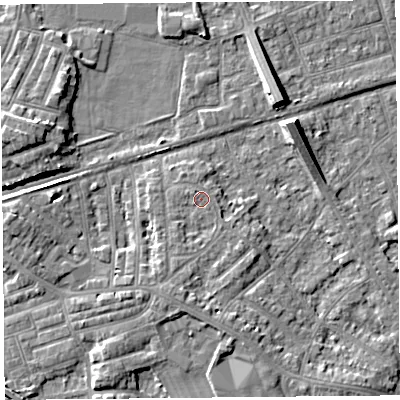 Shaded relief map of the ground around LA45XD, computed from Environment Agency LiDAR. The ground here sits at about 7 m above sea level and falls 8 m across the surrounding 800 m. Surface water reaching this point runs off ground lying to the south-south-west, 2.0 m higher.