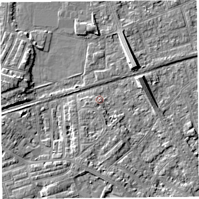 Shaded relief map of the ground around LA45XE, computed from Environment Agency LiDAR. The ground here sits at about 6 m above sea level and falls 7 m across the surrounding 800 m. Surface water reaching this point runs off ground lying to the north-east, 7.1 m higher.