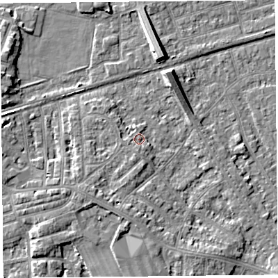 Shaded relief map of the ground around LA45XG, computed from Environment Agency LiDAR. The ground here sits at about 6 m above sea level and falls 8 m across the surrounding 800 m. Surface water reaching this point runs off ground lying to the south, 3.6 m higher.