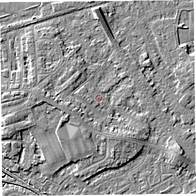 Shaded relief map of the ground around LA45XH, computed from Environment Agency LiDAR. The ground here sits at about 6 m above sea level and falls 8 m across the surrounding 800 m. Surface water reaching this point runs off ground lying to the west-south-west, 3.6 m higher.