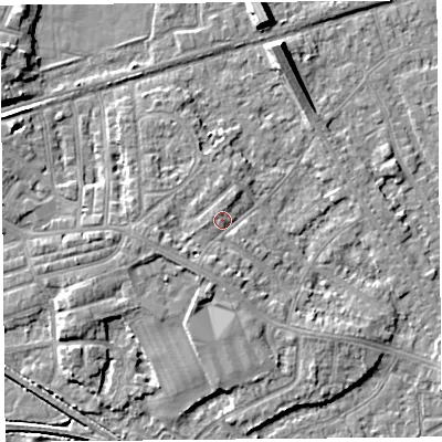 Shaded relief map of the ground around LA45XL, computed from Environment Agency LiDAR. The ground here sits at about 8 m above sea level and falls 8 m across the surrounding 800 m. Surface water reaching this point runs off ground lying to the west-south-west, 1.4 m higher.