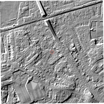 Shaded relief map of the ground around LA45XN, computed from Environment Agency LiDAR. The ground here sits at about 5 m above sea level and falls 7 m across the surrounding 800 m. Surface water reaching this point runs off ground lying to the south-west, 3.6 m higher.