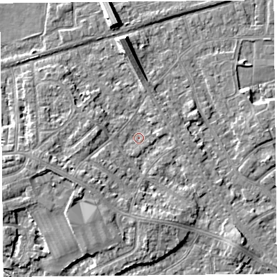 Shaded relief map of the ground around LA45XP, computed from Environment Agency LiDAR. The ground here sits at about 5 m above sea level and falls 8 m across the surrounding 800 m. Surface water reaching this point runs off ground lying to the west-south-west, 3.6 m higher.