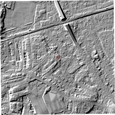 Shaded relief map of the ground around LA45XQ, computed from Environment Agency LiDAR. The ground here sits at about 7 m above sea level and falls 8 m across the surrounding 800 m. Surface water reaching this point runs off ground lying to the south-south-west, 3.6 m higher.