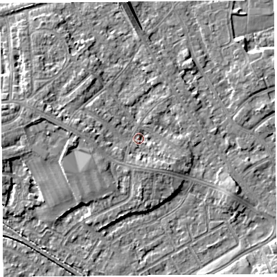 Shaded relief map of the ground around LA45XR, computed from Environment Agency LiDAR. The ground here sits at about 6 m above sea level and falls 6 m across the surrounding 800 m. Surface water reaching this point runs off ground lying to the west-north-west, 3.4 m higher.