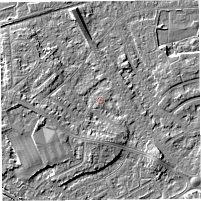 Shaded relief map of the ground around LA45XS, computed from Environment Agency LiDAR. The ground here sits at about 6 m above sea level and falls 8 m across the surrounding 800 m. Surface water reaching this point runs off ground lying to the west, 3.6 m higher.