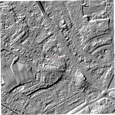 Shaded relief map of the ground around LA45XT, computed from Environment Agency LiDAR. The ground here sits at about 6 m above sea level and falls 6 m across the surrounding 800 m. Surface water reaching this point runs off ground lying to the south, 2.3 m higher.