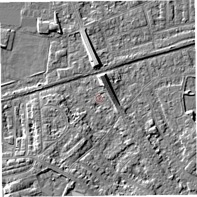 Shaded relief map of the ground around LA45XW, computed from Environment Agency LiDAR. The ground here sits at about 6 m above sea level and falls 7 m across the surrounding 800 m. Surface water reaching this point runs off ground lying to the north, 6.8 m higher.