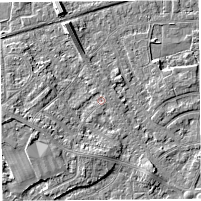 Shaded relief map of the ground around LA45XX, computed from Environment Agency LiDAR. The ground here sits at about 6 m above sea level and falls 7 m across the surrounding 800 m. Surface water reaching this point runs off ground lying to the west-south-west, 3.6 m higher.