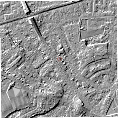 Shaded relief map of the ground around LA45XY, computed from Environment Agency LiDAR. The ground here sits at about 6 m above sea level and falls 7 m across the surrounding 800 m. Surface water reaching this point runs off ground lying to the south-east, 1.6 m higher.
