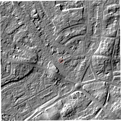 Shaded relief map of the ground around LA45XZ, computed from Environment Agency LiDAR. The ground here sits at about 6 m above sea level and falls 6 m across the surrounding 800 m. Surface water reaching this point runs off ground lying to the east-north-east, 3.6 m higher.