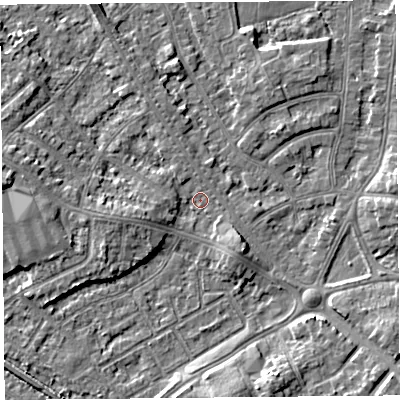 Shaded relief map of the ground around LA45YA, computed from Environment Agency LiDAR. The ground here sits at about 5 m above sea level and falls 6 m across the surrounding 800 m. Surface water reaching this point runs off ground lying to the west-south-west, 2.6 m higher.