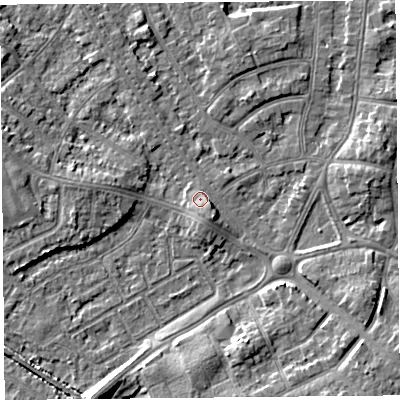 Shaded relief map of the ground around LA45YB, computed from Environment Agency LiDAR. The ground here sits at about 7 m above sea level and falls 7 m across the surrounding 800 m. Surface water reaching this point runs off ground lying to the east-south-east, 1.8 m higher.