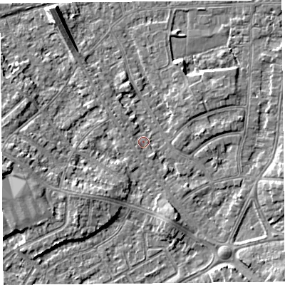 Shaded relief map of the ground around LA45YD, computed from Environment Agency LiDAR. The ground here sits at about 5 m above sea level and falls 7 m across the surrounding 800 m. Surface water reaching this point runs off ground lying to the east-south-east, 3.0 m higher.