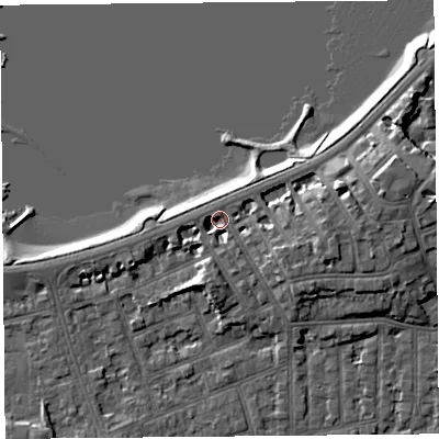 Shaded relief map of the ground around LA46AB, computed from Environment Agency LiDAR. The ground here sits at about 7 m above sea level and falls 9 m across the surrounding 800 m. Surface water reaching this point runs off ground lying to the east, 5.4 m higher.
