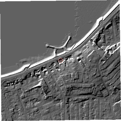 Shaded relief map of the ground around LA46AD, computed from Environment Agency LiDAR. The ground here sits at about 6 m above sea level and falls 9 m across the surrounding 800 m. Surface water reaching this point runs off ground lying to the east-south-east, 4.4 m higher.