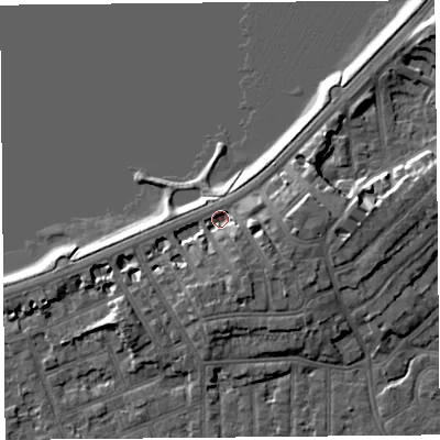 Shaded relief map of the ground around LA46AE, computed from Environment Agency LiDAR. The ground here sits at about 6 m above sea level and falls 9 m across the surrounding 800 m. Surface water reaching this point runs off ground lying to the south-east, 4.3 m higher.