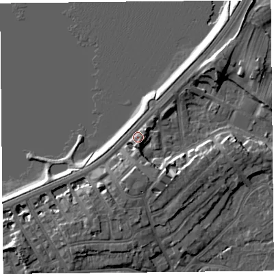 Shaded relief map of the ground around LA46AF, computed from Environment Agency LiDAR. The ground here sits at about 8 m above sea level and falls 9 m across the surrounding 800 m. Surface water reaching this point runs off ground lying to the south, 5.1 m higher.