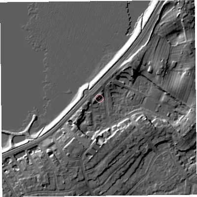 Shaded relief map of the ground around LA46AG, computed from Environment Agency LiDAR. The ground here sits at about 7 m above sea level and falls 10 m across the surrounding 800 m. Surface water reaching this point runs off ground lying to the south, 6.2 m higher.