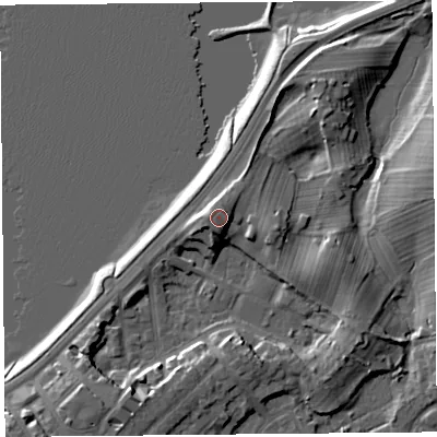 Shaded relief map of the ground around LA46AJ, computed from Environment Agency LiDAR. The ground here sits at about 11 m above sea level and falls 10 m across the surrounding 800 m. Surface water reaching this point runs off ground lying to the north-north-east, 2.9 m higher.