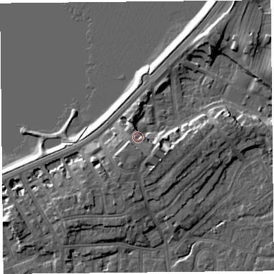 Shaded relief map of the ground around LA46AL, computed from Environment Agency LiDAR. The ground here sits at about 10 m above sea level and falls 9 m across the surrounding 800 m. Surface water reaching this point runs off ground lying to the south-east, 5.2 m higher.