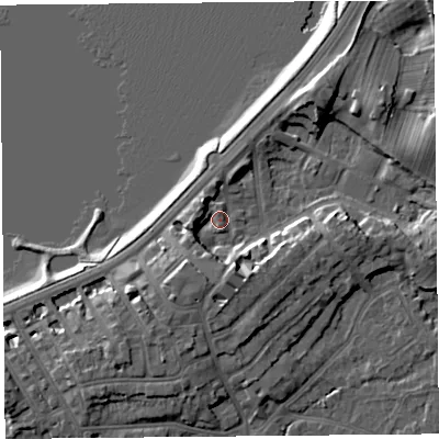 Shaded relief map of the ground around LA46AP, computed from Environment Agency LiDAR. The ground here sits at about 6 m above sea level and falls 9 m across the surrounding 800 m. Surface water reaching this point runs off ground lying to the south, 6.2 m higher.