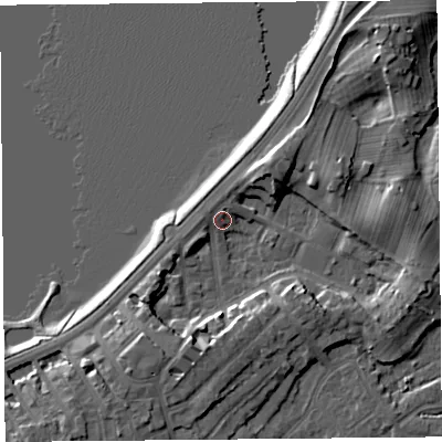 Shaded relief map of the ground around LA46AQ, computed from Environment Agency LiDAR. The ground here sits at about 7 m above sea level and falls 10 m across the surrounding 800 m. Surface water reaching this point runs off ground lying to the south-south-west, 6.2 m higher.